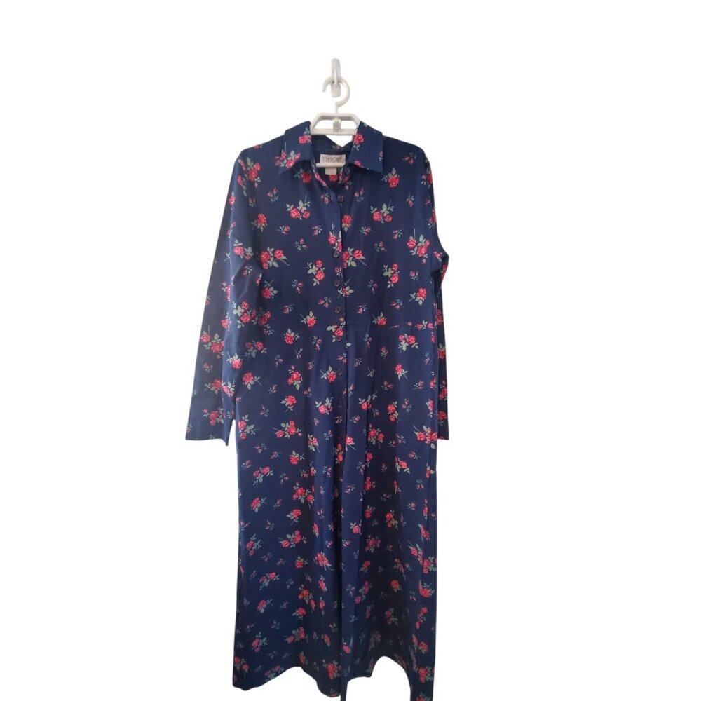 Cherokee vintage dress womens size XL navy pink rose print maxi button Turkey